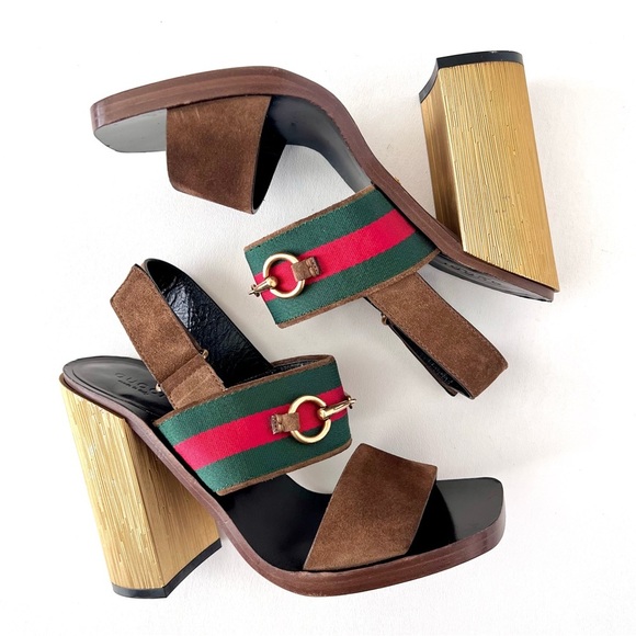 GUCCI || Querelle Horsebit Web stripe Suede Chunky Gold High Heel Sandal EU 38 - Picture 2 of 15